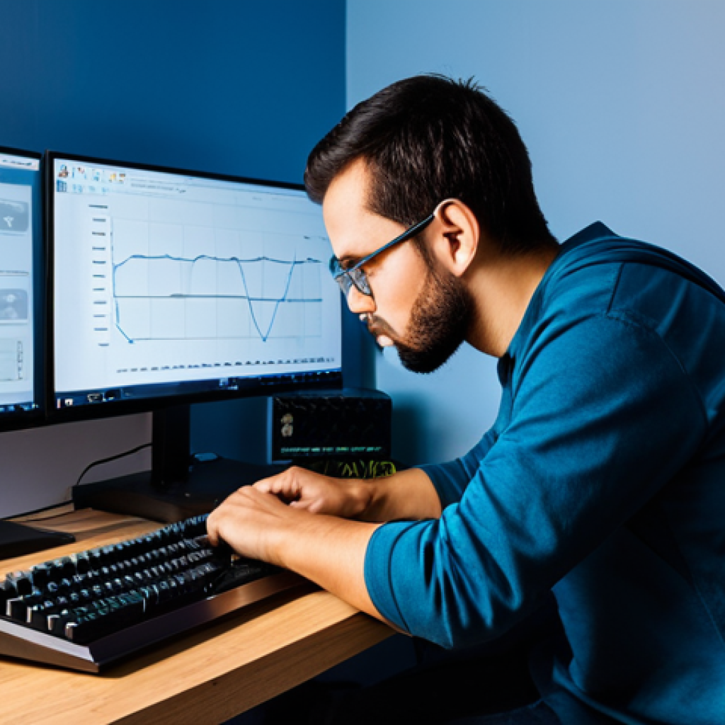 A focused individual, fully clothed in modest, comfortable attire, troubleshooting a home network connection. They are kneeling beside a modern internet router, meticulously checking the Ethernet cables. In the background, a clean, professional gaming desk setup is visible, with a computer screen displaying network diagnostic graphs and indicators. The atmosphere is one of calm determination and technical precision, highlighting the process of problem-solving. Professional photography, sharp focus, vibrant colors, perfect anatomy, correct proportions, natural pose, well-formed hands, proper finger count, natural body proportions, safe for work, appropriate content, fully clothed, modest.