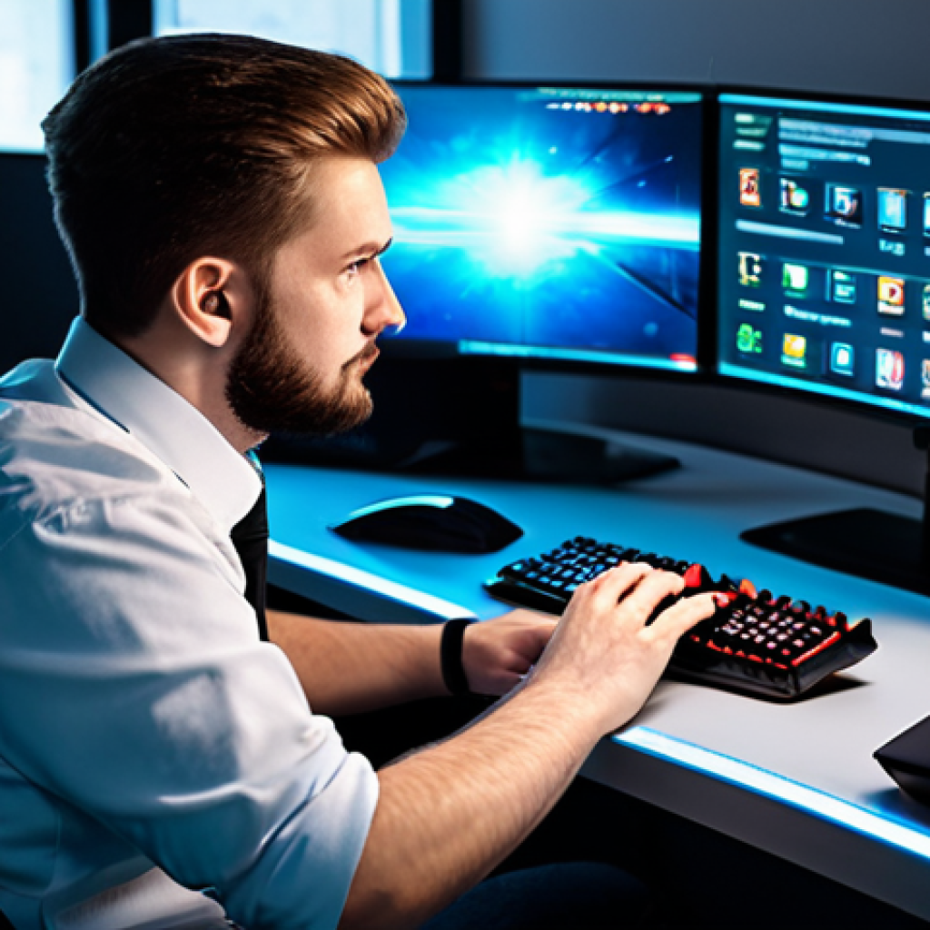 A focused adult gamer, dressed in appropriate professional attire, sitting at a clean, modern gaming desk. Multiple monitors display various screens: the official FC Online website, a social media feed with game announcements, and a community forum showing a newly discovered promo code. The gamer's expression is one of intent focus and excitement, with one hand resting on a high-tech mouse, illuminated by the glow of the screens. The background is a blurred, organized office or gaming room. This image is safe for work, appropriate content, fully clothed, professional, perfect anatomy, correct proportions, natural pose, well-formed hands, proper finger count, natural body proportions, high-quality digital illustration, ultra-detailed.
