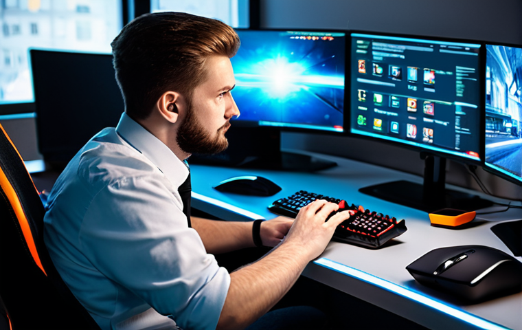 A focused adult gamer, dressed in appropriate professional attire, sitting at a clean, modern gaming desk. Multiple monitors display various screens: the official FC Online website, a social media feed with game announcements, and a community forum showing a newly discovered promo code. The gamer's expression is one of intent focus and excitement, with one hand resting on a high-tech mouse, illuminated by the glow of the screens. The background is a blurred, organized office or gaming room. This image is safe for work, appropriate content, fully clothed, professional, perfect anatomy, correct proportions, natural pose, well-formed hands, proper finger count, natural body proportions, high-quality digital illustration, ultra-detailed.