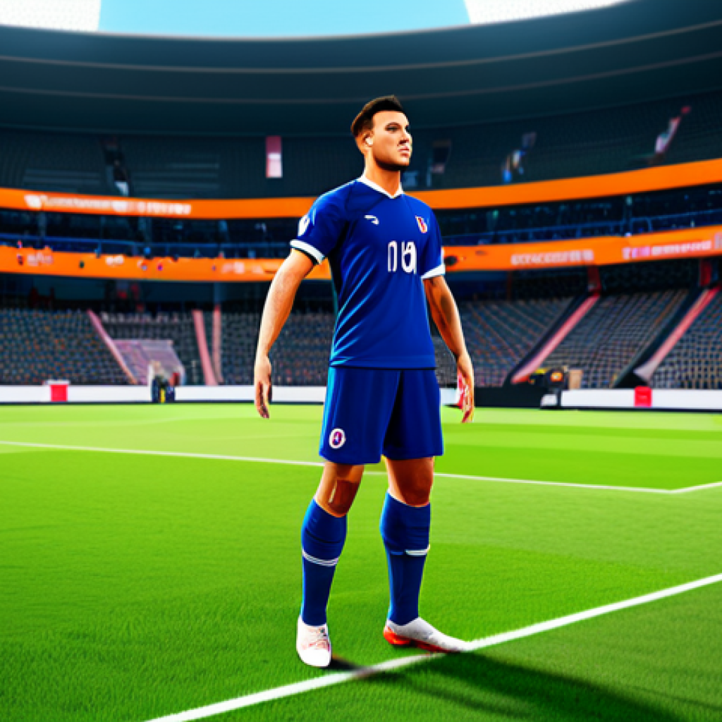 A highly focused professional e-sport athlete, male, in a modern, modest, and fully clothed e-sport uniform, captured in a dynamic, natural pose, executing a powerful free-kick. The scene is set within a vibrant, clean virtual football stadium, featuring a well-maintained pitch and a grand goal in the background. The athlete's perfect anatomy, correct proportions, and well-formed hands are visible. The image conveys precision and skill. Safe for work, appropriate content, professional attire, high quality, family-friendly.