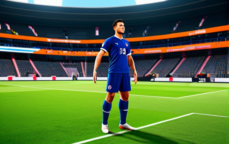A highly focused professional e-sport athlete, male, in a modern, modest, and fully clothed e-sport uniform, captured in a dynamic, natural pose, executing a powerful free-kick. The scene is set within a vibrant, clean virtual football stadium, featuring a well-maintained pitch and a grand goal in the background. The athlete's perfect anatomy, correct proportions, and well-formed hands are visible. The image conveys precision and skill. Safe for work, appropriate content, professional attire, high quality, family-friendly.