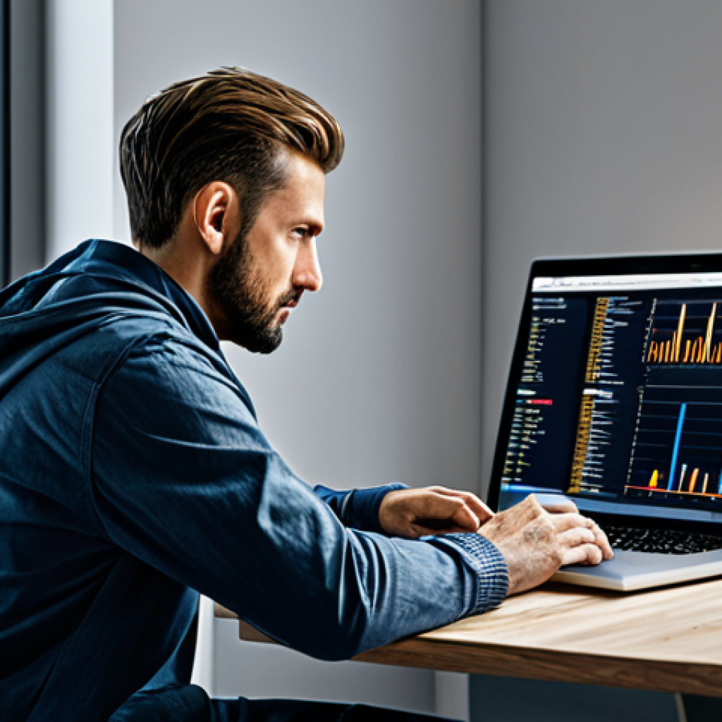 The Strategist**
Prompt: A focused individual, fully clothed in casual attire, sitting at a desk with a laptop displaying FC Online market data, safe for work, appropriate content, professional setting, modern apartment, well-lit, perfect anatomy, natural proportions, digital art, high quality.
**