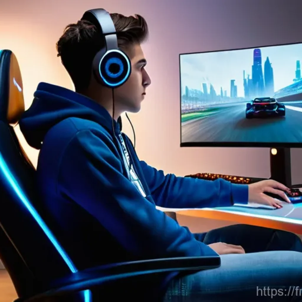 FC온라인 선물 상자 활용법 - **Prompt:** A young man, approximately 18-20 years old, sitting comfortably in a gaming chair in a m...