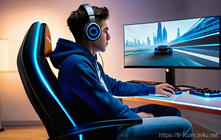 FC온라인 선물 상자 활용법 - **Prompt:** A young man, approximately 18-20 years old, sitting comfortably in a gaming chair in a m...