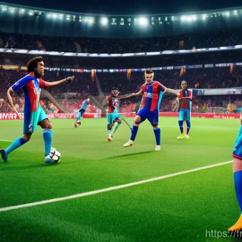 FC온라인 커스텀 모드 제작 - **Prompt:** A dynamic, wide shot of a diverse virtual football team celebrating a goal on a brightly...