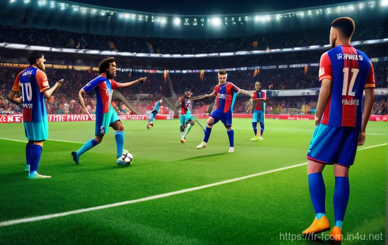 FC온라인 커스텀 모드 제작 - **Prompt:** A dynamic, wide shot of a diverse virtual football team celebrating a goal on a brightly...