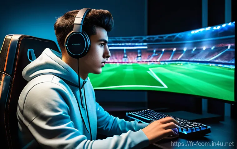 FC온라인 게임코칭 서비스 - **Prompt 1: Focused Coaching Session**
A highly detailed, realistic image of a young male gamer,...