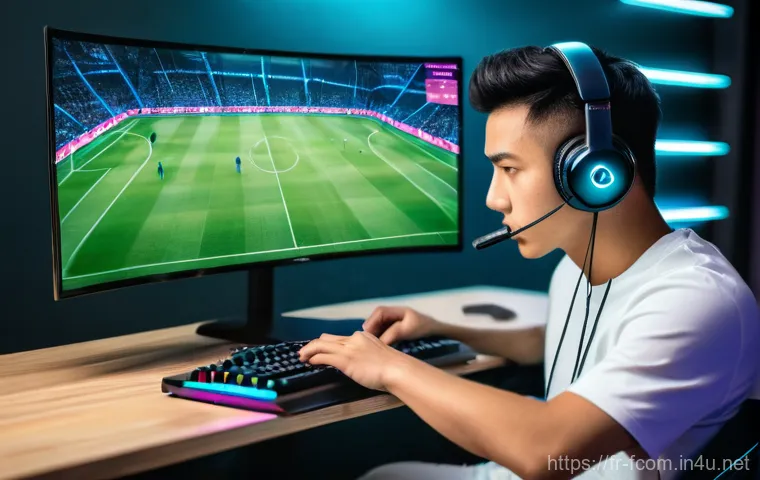 FC온라인 개인 경기 복기법 - **Prompt:** A focused young adult gamer, wearing comfortable casual clothes (like a t-shirt and swea...