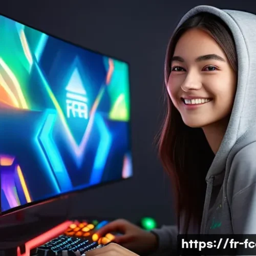 Home 7 FC온라인 과금 효율 분석 - A vibrant, dynamic close-up of a young female gamer in her early twenties, eyes wide with anticipati...