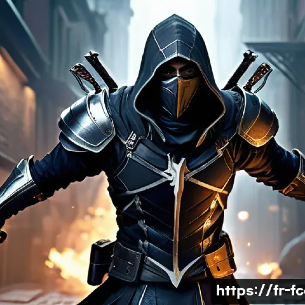 FC온라인 레전드 클래스 공략 - A dynamic scene featuring a legendary Assassin class character in mid-combat, wearing sleek, dark le...