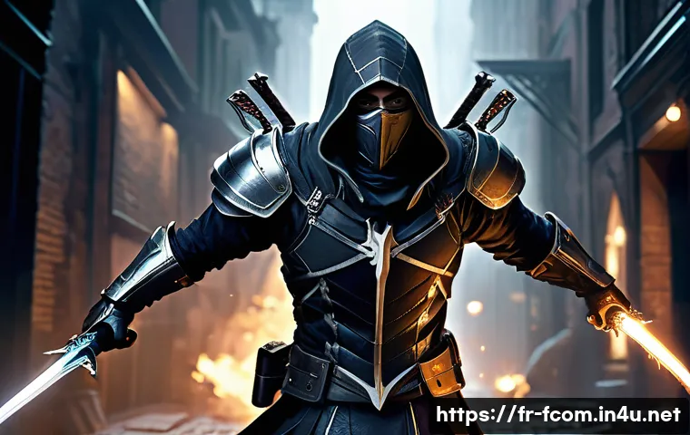 FC온라인 레전드 클래스 공략 - A dynamic scene featuring a legendary Assassin class character in mid-combat, wearing sleek, dark le...