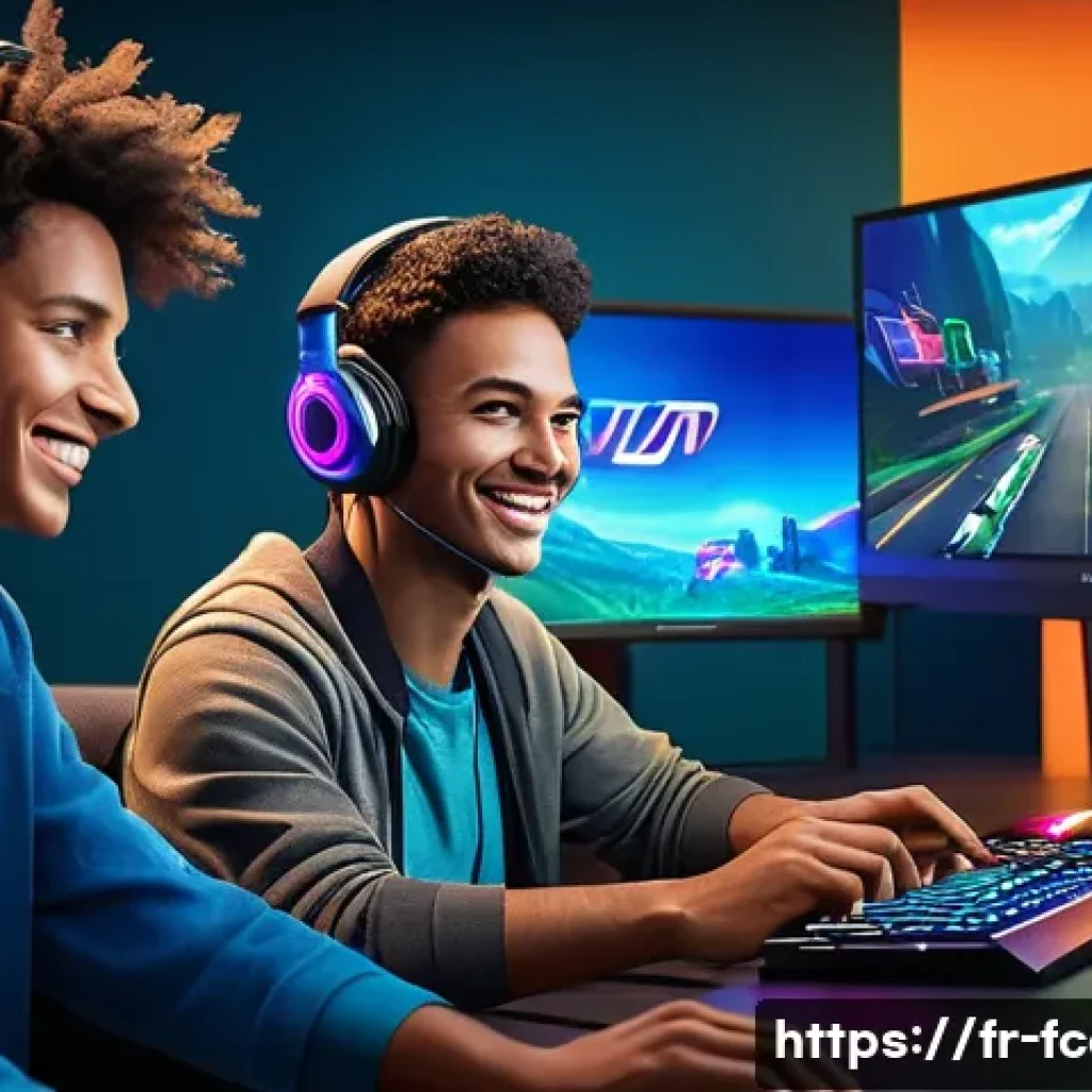 FC온라인 비매너 플레이 대처법 - A diverse group of online gamers in a vibrant, modern gaming room, focused on teamwork and positive ...