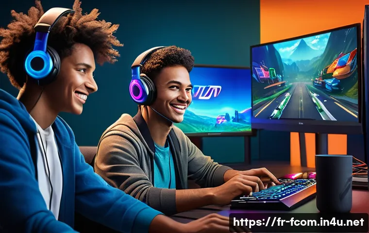 FC온라인 비매너 플레이 대처법 - A diverse group of online gamers in a vibrant, modern gaming room, focused on teamwork and positive ...