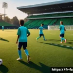 Home 21 FC온라인 초보자 가이드 - A dynamic soccer training scene showing a diverse team of young adult players practicing dribbling, ...