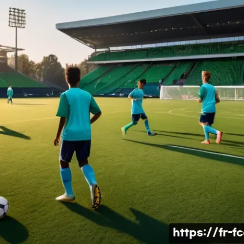 Home 33 FC온라인 초보자 가이드 - A dynamic soccer training scene showing a diverse team of young adult players practicing dribbling, ...
