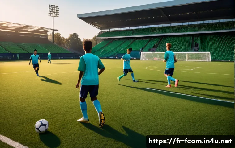 FC온라인 초보자 가이드 - A dynamic soccer training scene showing a diverse team of young adult players practicing dribbling, ...