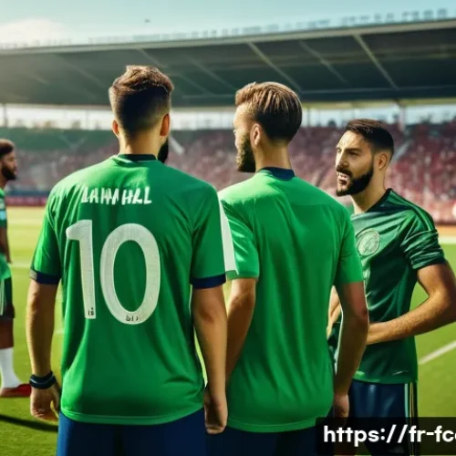 Home 32 FC온라인 클럽 매치 팁 - A dynamic soccer team in mid-match on a lush green club field in Europe, featuring diverse players w...