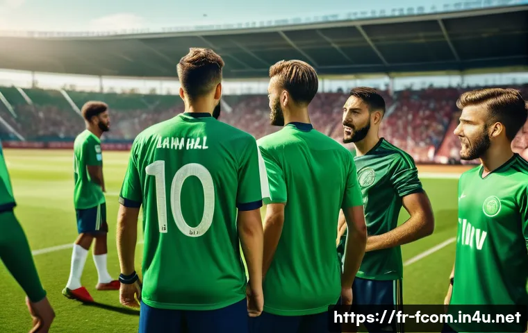 FC온라인 클럽 매치 팁 - A dynamic soccer team in mid-match on a lush green club field in Europe, featuring diverse players w...