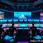 Home 19 FC온라인 계급 시스템 설명 - A dynamic esports arena scene featuring a diverse team of competitive gamers in mid-action, all wear...