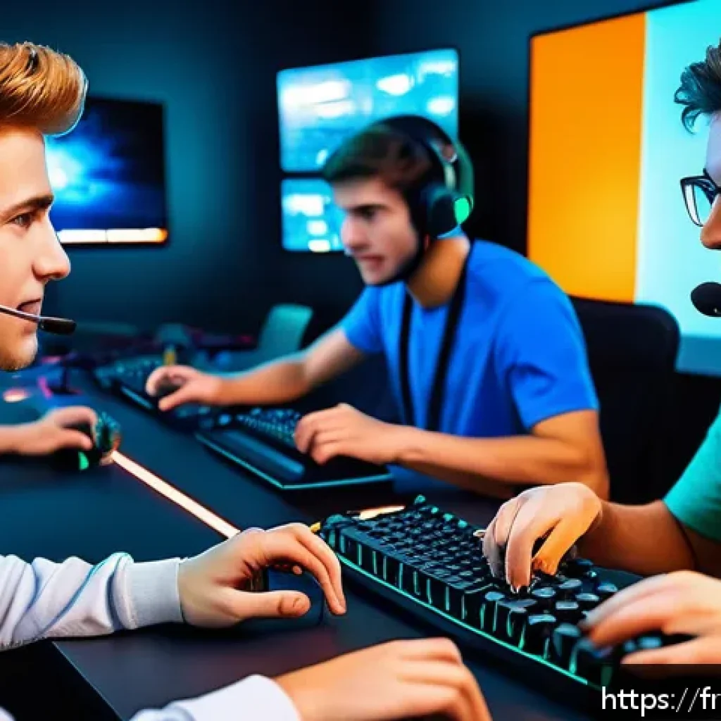FC온라인 채팅 기능 활용법 - A dynamic esports team communication scene during a fast-paced online game, showing a diverse group ...