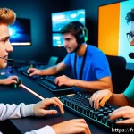 Home 18 FC온라인 채팅 기능 활용법 - A dynamic esports team communication scene during a fast-paced online game, showing a diverse group ...