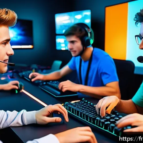 Home 30 FC온라인 채팅 기능 활용법 - A dynamic esports team communication scene during a fast-paced online game, showing a diverse group ...