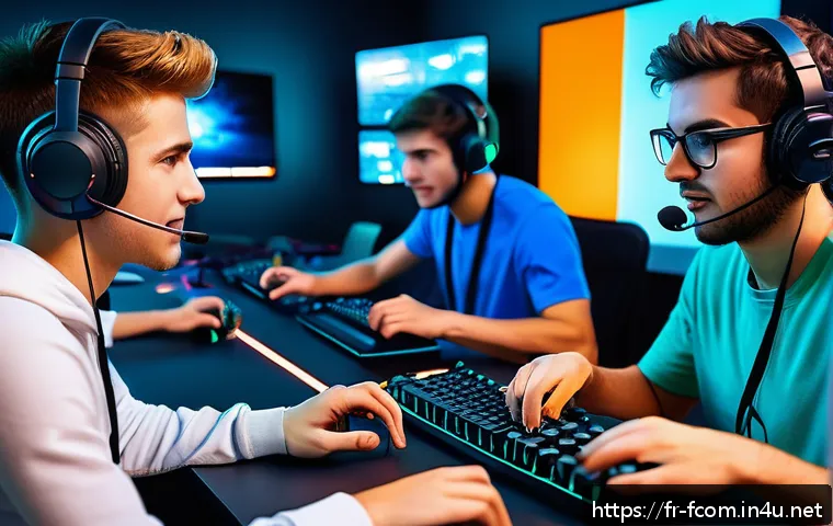 FC온라인 채팅 기능 활용법 - A dynamic esports team communication scene during a fast-paced online game, showing a diverse group ...