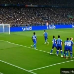 Home 23 FC온라인 실시간 매치 전략 - A dynamic football match scene showing a well-organized defensive line maintaining compact formation...