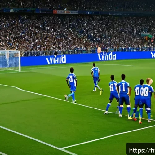 Home 17 FC온라인 실시간 매치 전략 - A dynamic football match scene showing a well-organized defensive line maintaining compact formation...