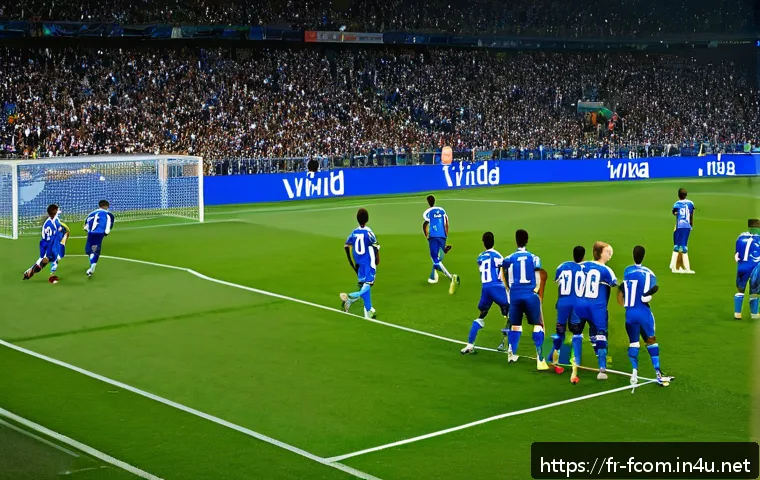 FC온라인 실시간 매치 전략 - A dynamic football match scene showing a well-organized defensive line maintaining compact formation...