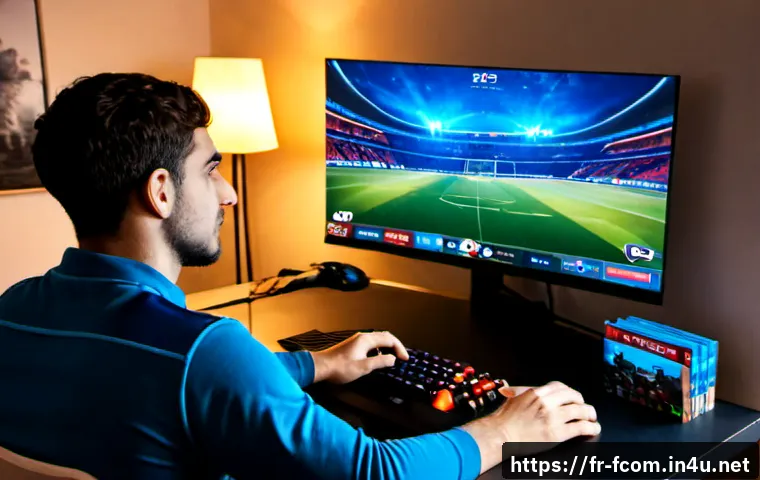 FC온라인 프로 선수 활용법 - Photorealistic French esports player at a clean home gaming desk, studying a realistic football vide...