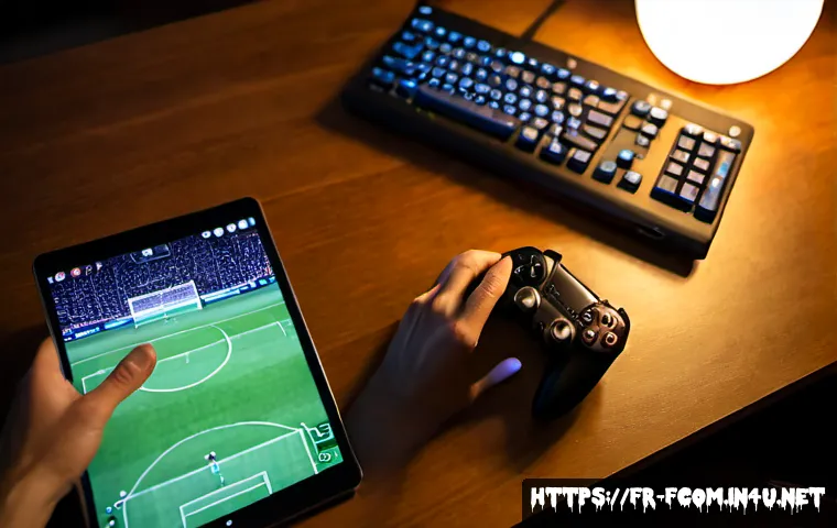 FC온라인 보조 기술 추천 - Photorealistic overhead view of a French football video game player’s hands using a modern controlle...