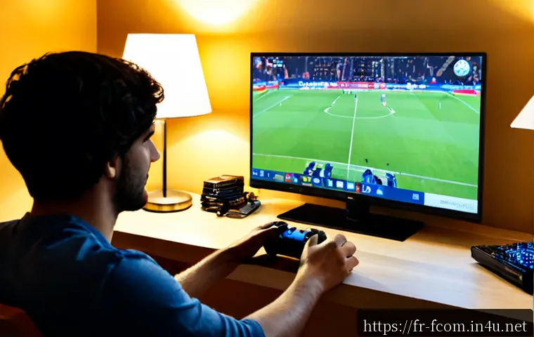 Home 17 FC온라인 경기 하이라이트 저장법 - Photorealistic French gaming enthusiast at a tidy Paris apartment desk, watching a generic online fo...